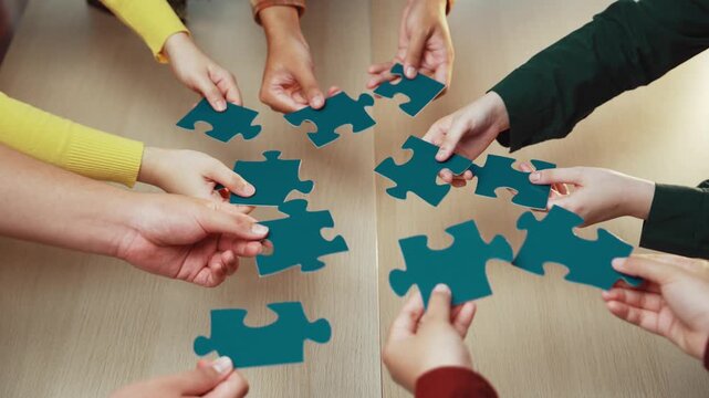 A captivating scene featuring diverse hands working together to assemble a jigsaw puzzle on a wooden table, emphasizing collaboration, teamwork, and creative problem-solving in action. SACTR