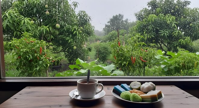 The plate features a colorful assortment of Indonesian traditional snacks, known as kue or kue basah (wet cakes). These sweet treats are typically made from rice flour and coconut milk, often includin