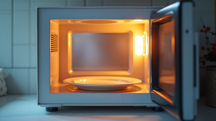 Obraz premium Illuminated microwave interior with a plate inside showcasing modern kitchen technology and