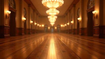 Obraz premium Illuminated perspective of long hallway with polished wooden floor reflecting the glow of