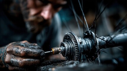 A close up shot of a mechanic repairing a bicycle wheel in a workshop setting