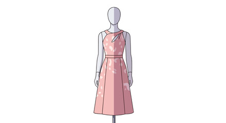 Mannequin wearing a pink dress with an asymmetrical neckline and white spots