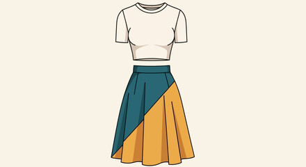Outfit display A shortsleeved cream top and a skirt split diagonally in teal and mustard yellow