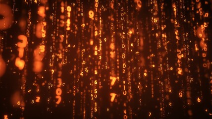 Vertical streams of glowing numbers cascade in warm amber hues, reminiscent of digital rain. Abstract matrix environment evokes futuristic tech feel. Neural network AI generated