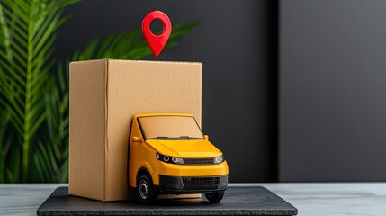 Yellow Toy Delivery Truck and Cardboard Box with Red Location Pin