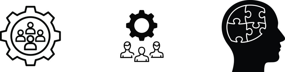 Teamwork integration concept with gears and puzzle in head vector illustration