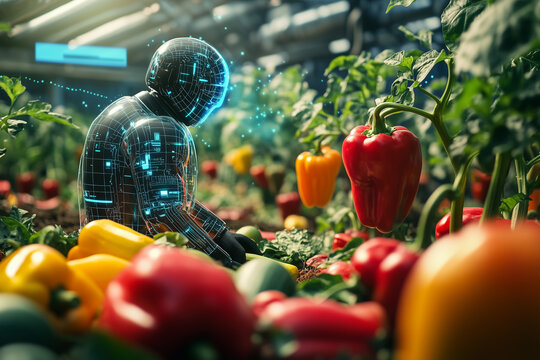 Artificial intelligence robot analysis on organic bell pepper and glowing network connecting symbolizing technological advancement.