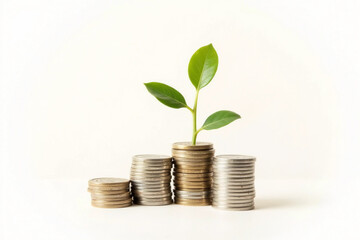 coin stack money saving concept. green leaf plant growth on rows of coin on white background. money matters tips to investment and business financial banking for Financial Wellness.