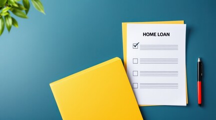 first time homebuyer loan house concept. Home loan checklist with documents and a pen on a blue background.