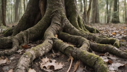 Obraz premium Close-up of a large tree's exposed root system, autumnal leaves on forest floor