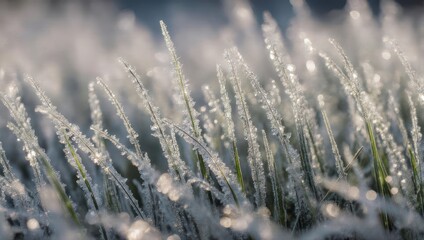 Close-up of blades of grass coated in glistening frost, capturing morning sunlight