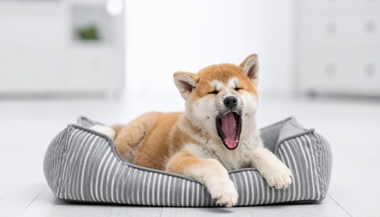 A yawning akita puppy resting in a striped bed in a bright, modern room setting