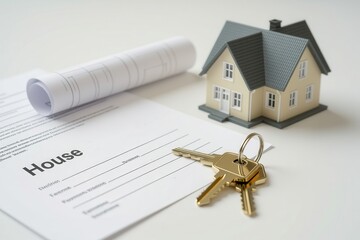 first time homebuyer loan house concept. Model house, keys, and blueprint on a document labeled 'House'.