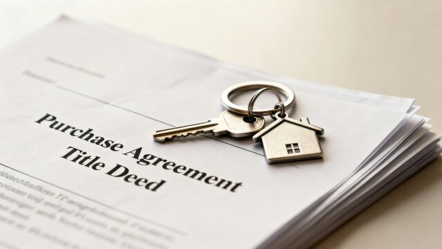 first time homebuyer loan house concept. Documents with house keys on a purchase agreement and title deed.