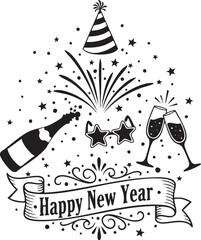 Happy New Year Celebration with Party Hat, Champagne, Fireworks, and Banner