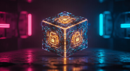 Illuminated digital cube featuring intricate circuit patterns and secure lock symbols, representing advanced data protection and futuristic cyber technology in a vibrant neon environment
