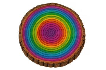 Tree trunk cross-section showing colorful rainbow rings, symbolizing growth, diversity, and natural beauty on transparent background