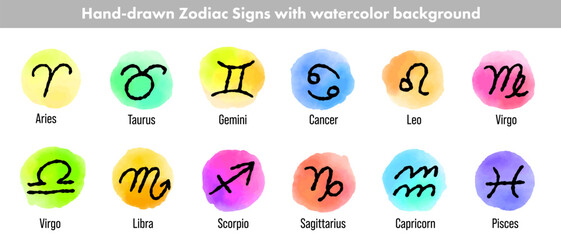 手書きの12星座,水彩のあしらいつき_ベクター｜Hand-drawn 12 zodiac signs with watercolor decorations – Vector  © andgraph