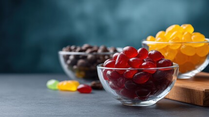 Colorful Jelly Candies Bowls with Gummy Bears and Chocolate Chips on a Dark Textured Background for Confectionery, Snack, and Candy Treats Display