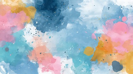 Abstract Watercolor Splashes And Splatters In Shades Of Blue Pink Orange And Gold Against White Background