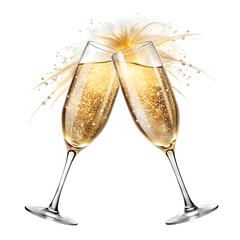 Champagne Glass Toast Duo: PNG of two champagne glasses clinking together with sparkle burst, elegant night party toast, PNG format.
