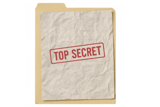File folder containing a crumpled document stamped top secret, illustrating classified data and confidential information
