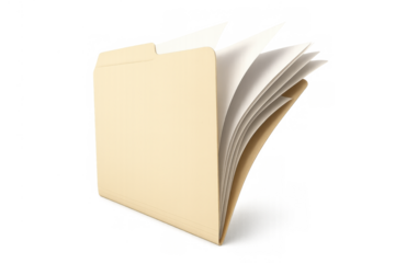 Manila folder with pages, showing office documents, organizing paper files and business information, transparent background