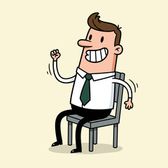 A cartoon businessman character is sitting in an office chair thinking with a cup, a microphone, and a computer on his work desk