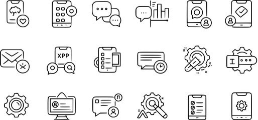 Modern Mobile App, Communication, Data, and Settings Line Icons. Vector outline collection for social media, messaging, technology, and system management concepts.