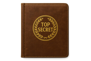 Brown leather portfolio with gold top secret stamp, denoting classified information and confidential documents