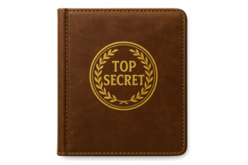 Brown leather portfolio with gold top secret stamp, denoting classified information and confidential documents