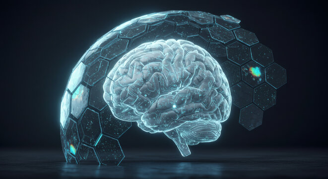 Digital brain model surrounded by a glowing hexagonal shield, symbolizing advanced AI, cybersecurity, data protection, and the future of cognitive technology - Powered by Adobe