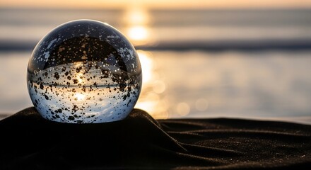 A clear glass sphere on dark textured fabric reflects a bright blurred sunset over the ocean