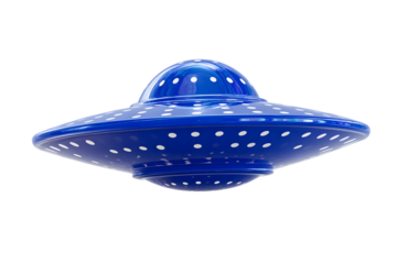 A blue flying saucer toy with white dots on the side, isolated on a transparent background