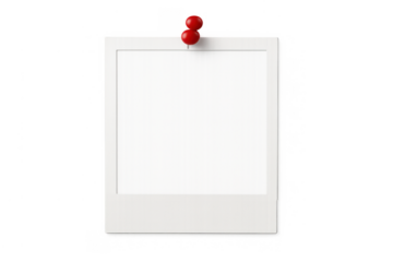 Blank instant photo frame pinned with a red pushpin, creating a memory and notice mockup, transparent background