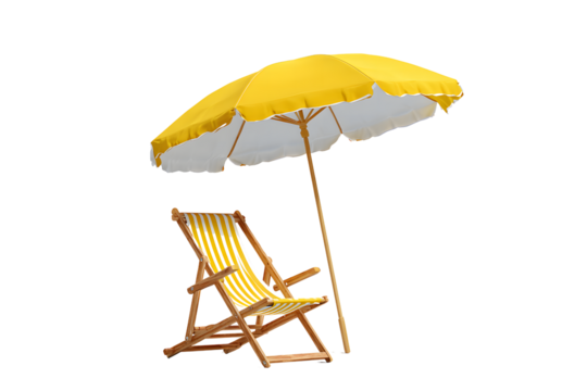 A beach umbrella and wooden deck chair on a transparent background