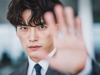 Japanese portrait of handsome man with hand up stop gesture businessman model confident