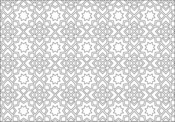 Islamic geometric pattern with repeating stars and interlocking shapes. Elegant, symmetrical design for tiles, textiles, or decorative backgrounds. Monochrome, clean lines.