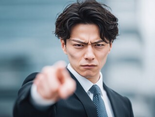 Japanese asian man business professional pointing finger suit and tie serious expression
