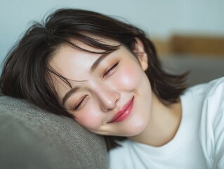 Japanese portrait of a smiling woman resting face on pillow beauty sleep relaxing face shot