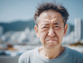 Japanese portrait of asian man with sad expression face wrinkles and gray hair outdoors