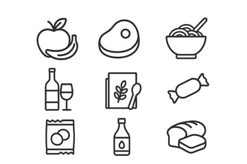 Black thin line vector icons of grocery food and product categories including fruits, meat, pasta, and beverages, perfect for supermarket and restaurant design.