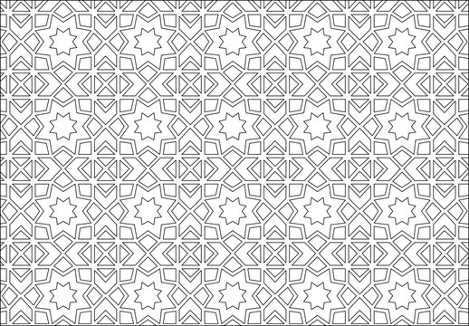 Islamic geometric pattern with repeating stars and interlocking shapes. Elegant, symmetrical design for tiles, textiles, or decorative backgrounds. Monochrome, clean lines.