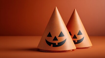 Fototapeta premium Pair of festive Halloween party cone hats with carved jack-o lantern faces on a smooth surface with warm orange background perfect for celebrations and spooky decor