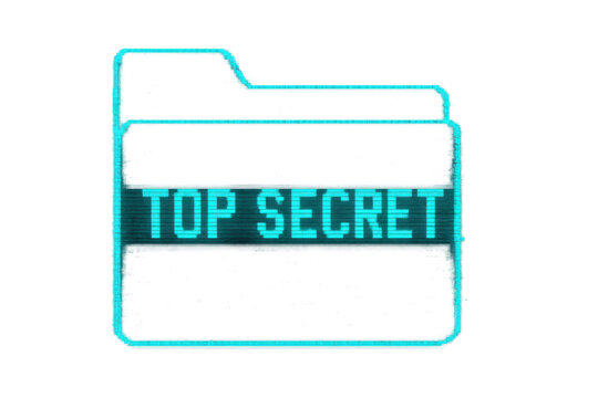 Digital folder showing top secret text, communicating classified information, data protection, and cybersecurity concepts
