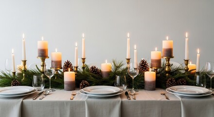 A festive table setting features lighted candles greenery pinecones place settings on a white tablecloth
