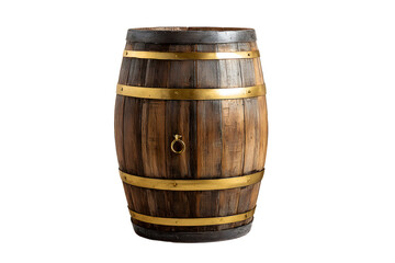A wooden rain barrel with brass accents, standing upright on a transparent background