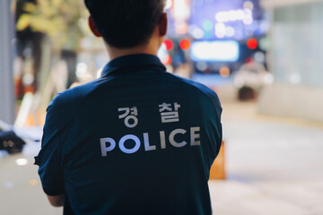 Korean Police squad formation in protective uniform with 