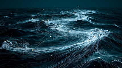 Network connections visualize data across a vast ocean, creating a stunning and dynamic representation of global communication and interconnected systems