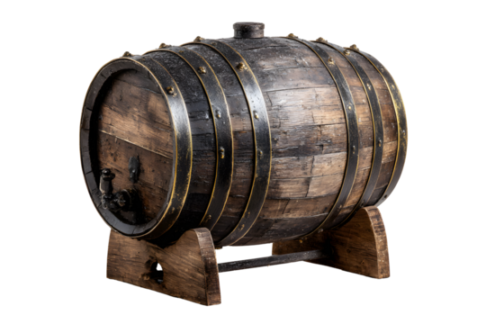 A wooden rain barrel with brass trim, standing on its side on a transparent background
